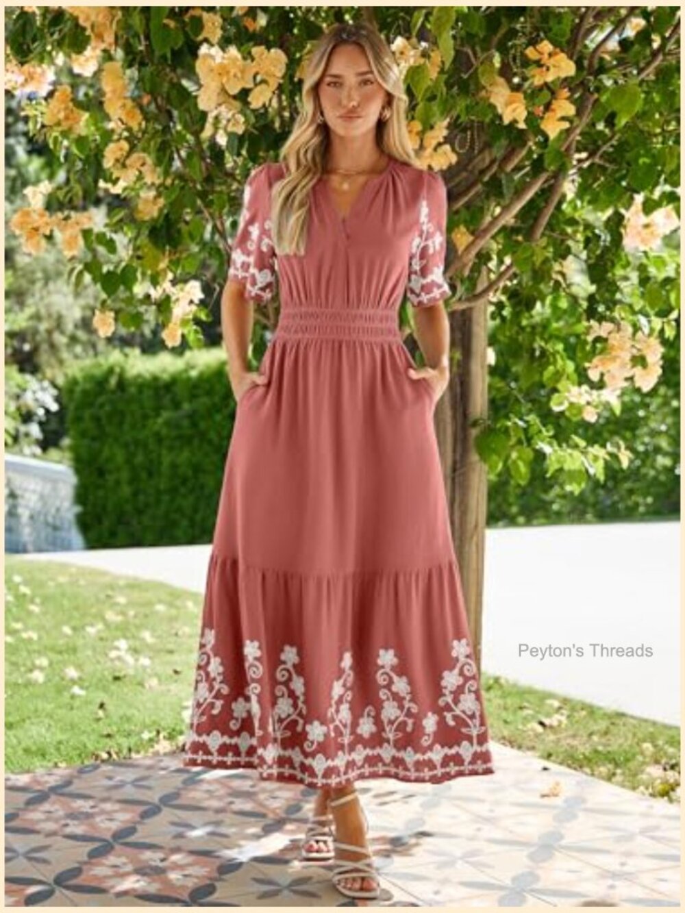 Women's Embroidered Floral Boho Maxi Dress V-Neck Short Sleeve A-Line - Picture 6 of 7